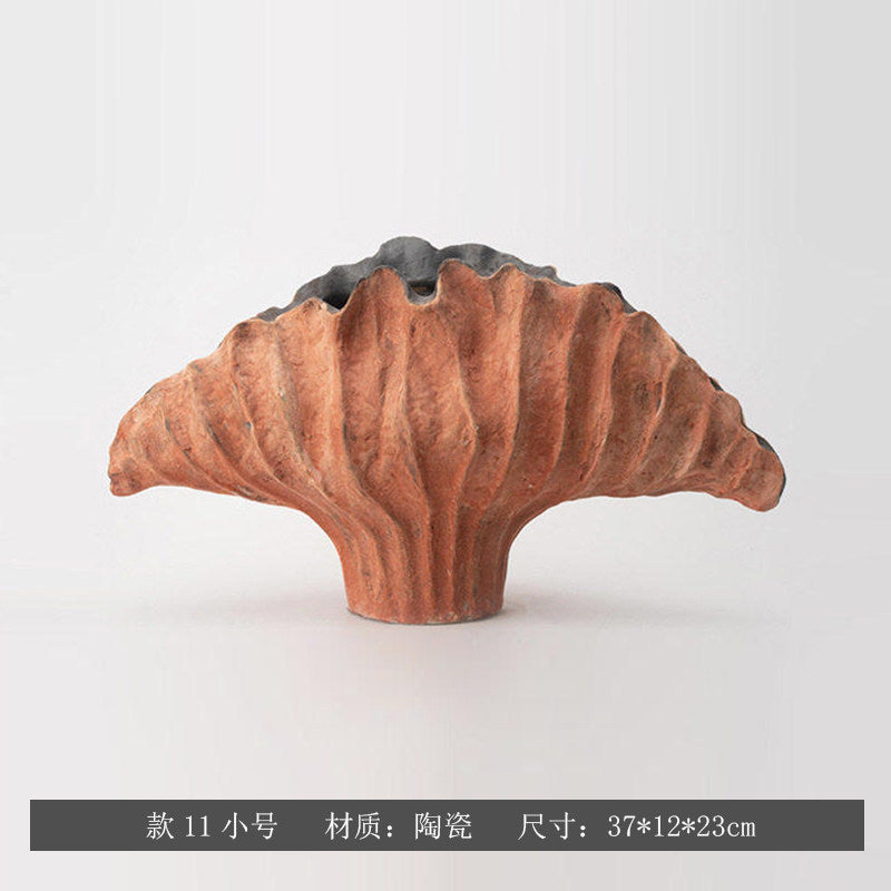 Terracotta sculptural fan ceramic vase, Small 37 x 12 x 23 cm