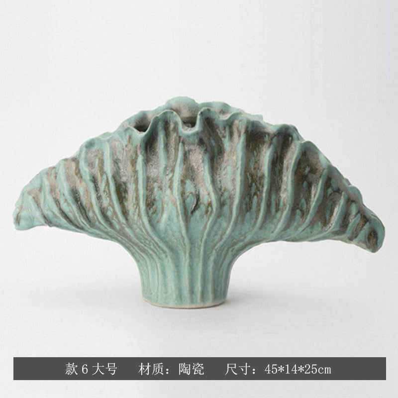 Verdigris Rib sculptural fan ceramic vase, Large 45 x 14 x 25 cm