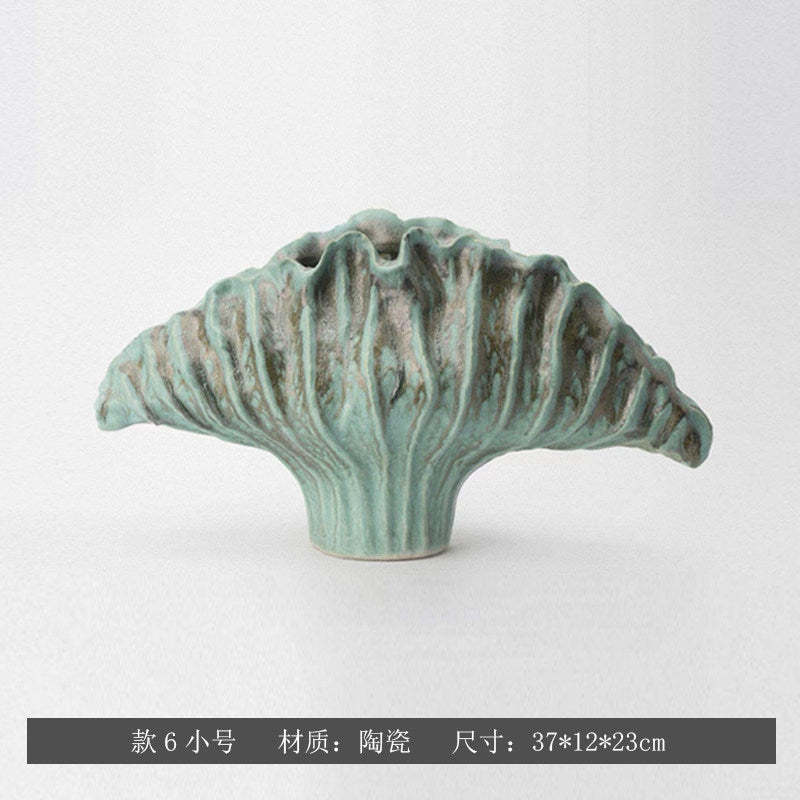 Verdigris Rib sculptural fan ceramic vase, Small 37 x 12 x 23 cm
