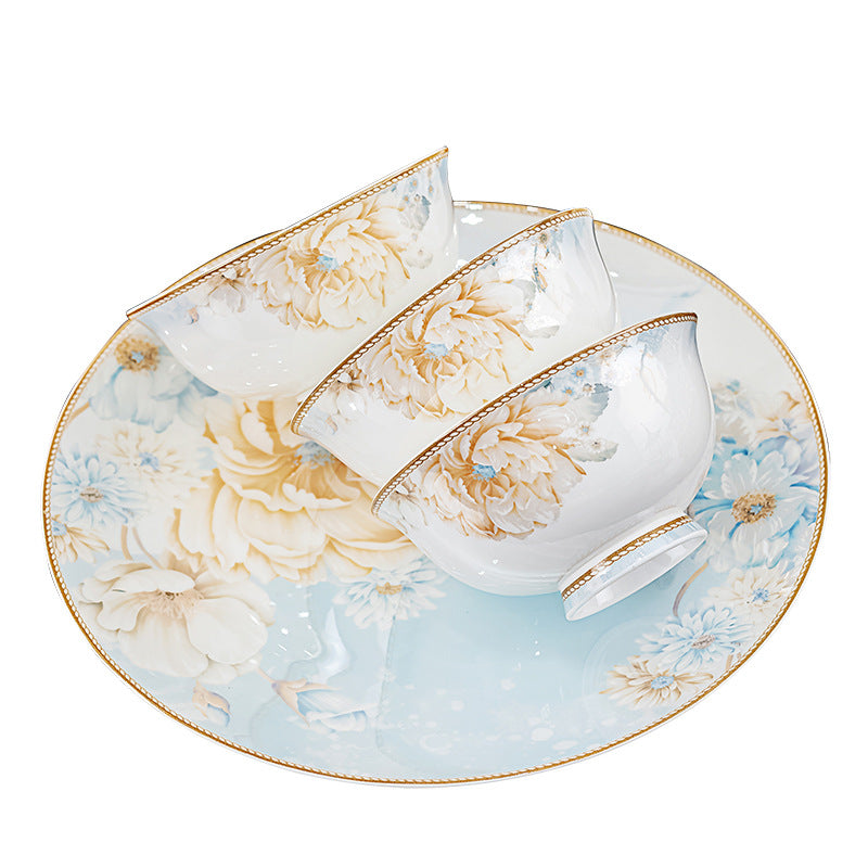 Fan Hua Ying Xue floral bone china bowls and plate in pale blue, ivory and gold