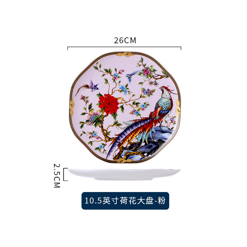 Floral bird bone china 10.5-inch large plate pink pattern 26 cm