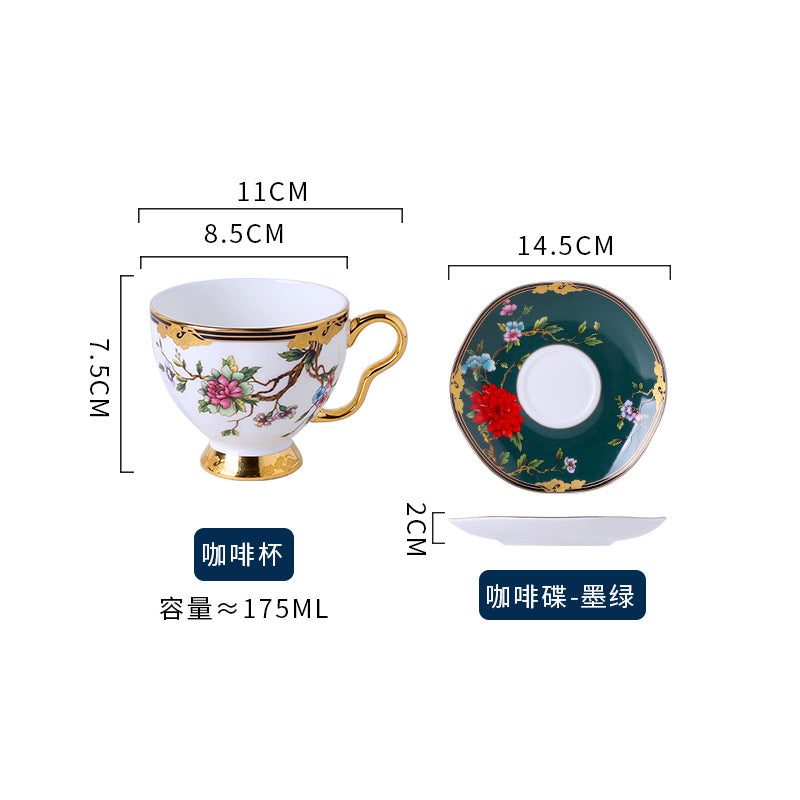 Floral bird bone china coffee cup and saucer dark green pattern