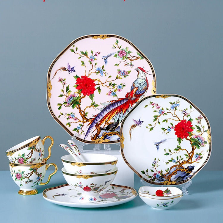 Floral bird bone china collection lifestyle display