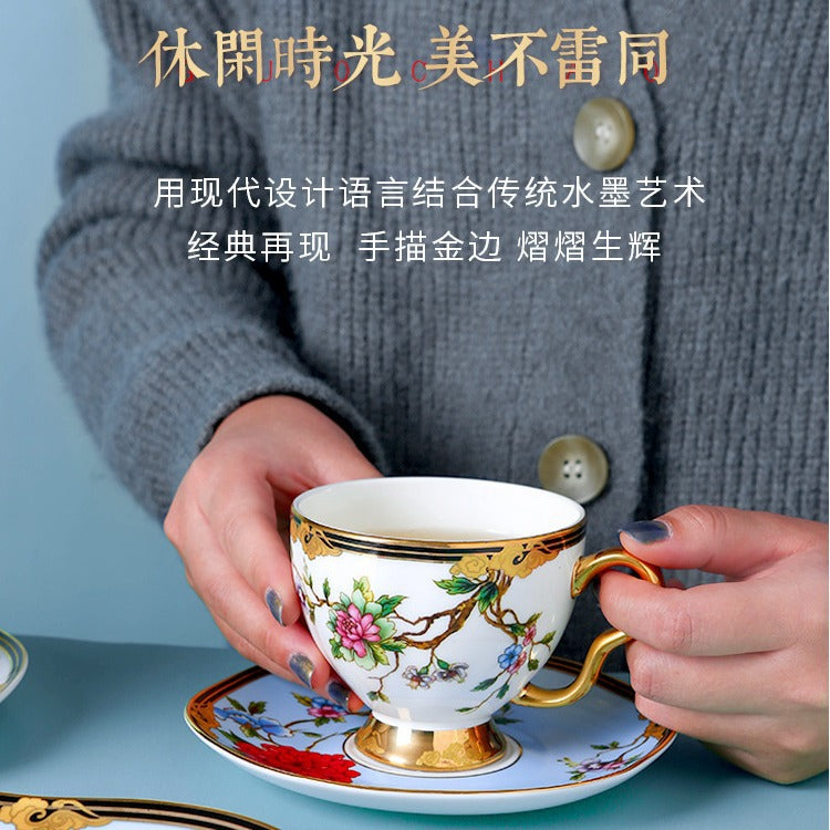 Floral bird bone china coffee cup lifestyle image