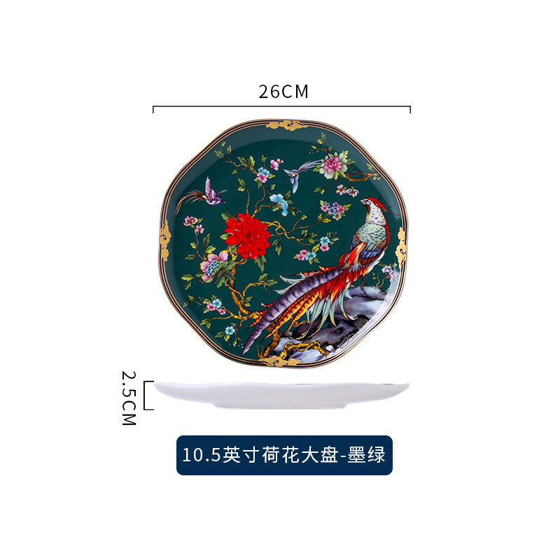 Floral bird bone china 10.5-inch large plate dark green pattern