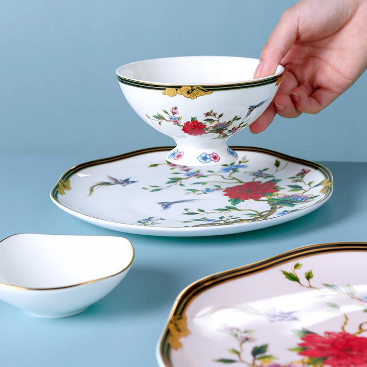 Floral bird bone china bowl and plate lifestyle styling