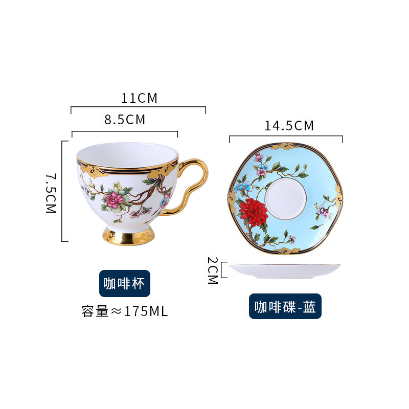 Floral bird bone china coffee cup and saucer blue pattern