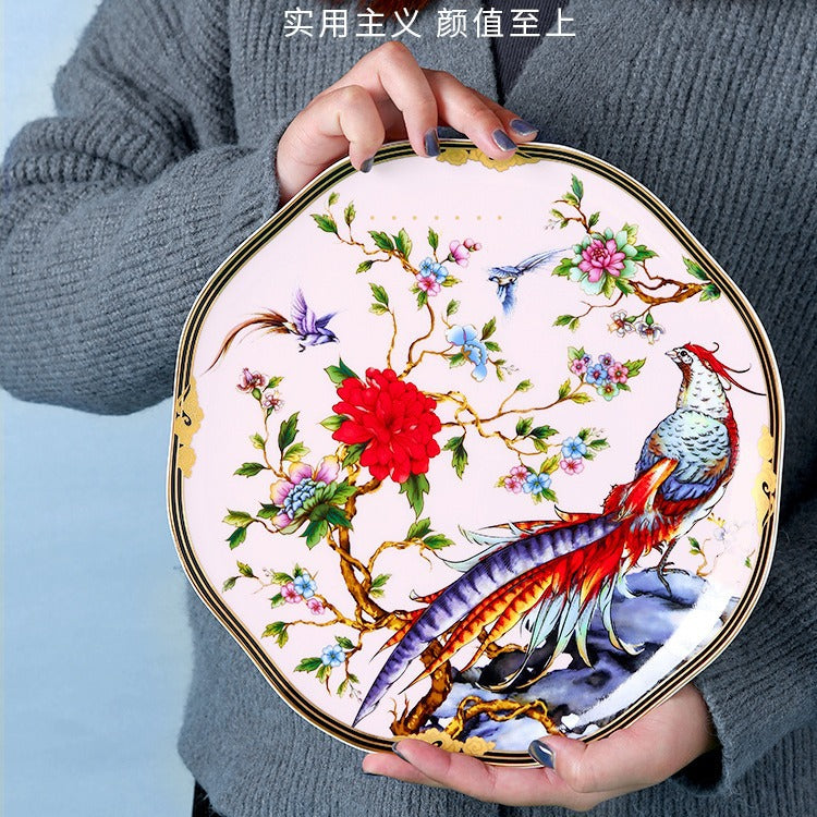 Floral bird bone china large decorative plate lifestyle image