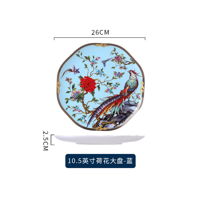 Floral bird bone china 10.5-inch large plate blue pattern