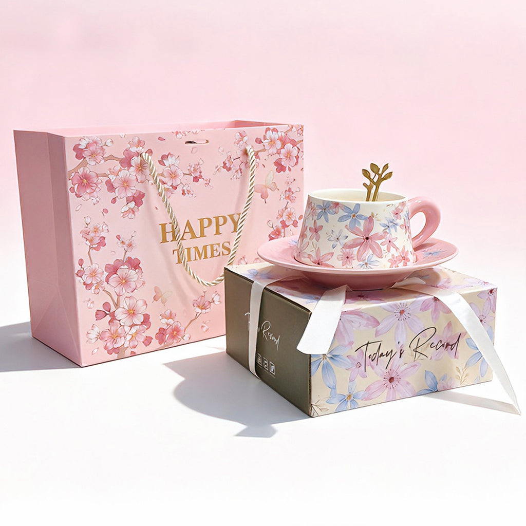 Floral oil-painting ceramic coffee cup and saucer gift set in pink and olive green botanical designs