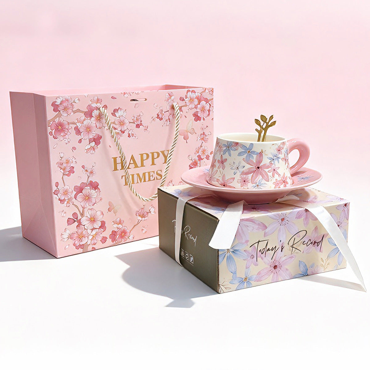 Floral oil-painting ceramic coffee cup and saucer gift set in pink and olive green botanical designs