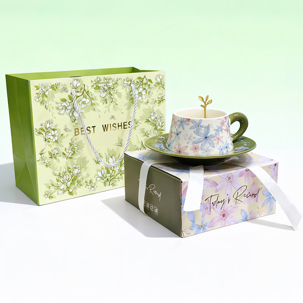 Pink floral ceramic coffee cup and matching saucer for elegant afternoon tea and coffee