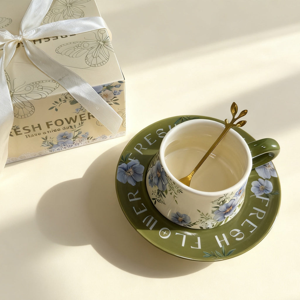 Olive green floral ceramic coffee cup and saucer with painterly blue and pink flowers