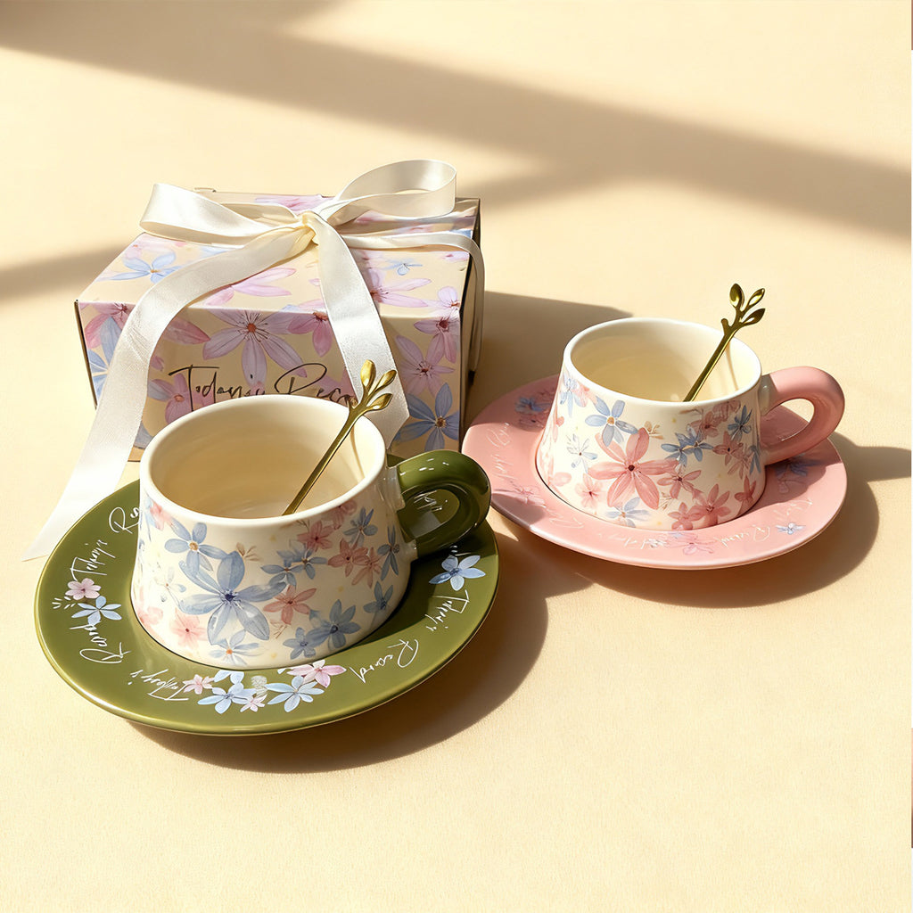 Botanical ceramic coffee cup and saucer gift set with colorful floral oil-painting style decoration