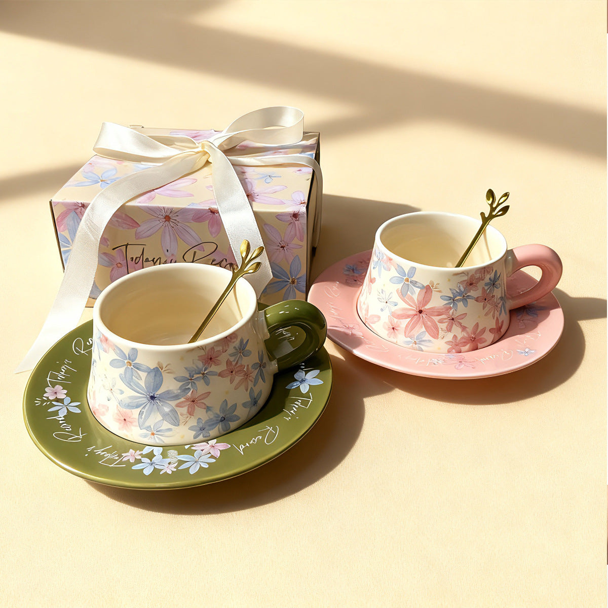 Botanical ceramic coffee cup and saucer gift set with colorful floral oil-painting style decoration
