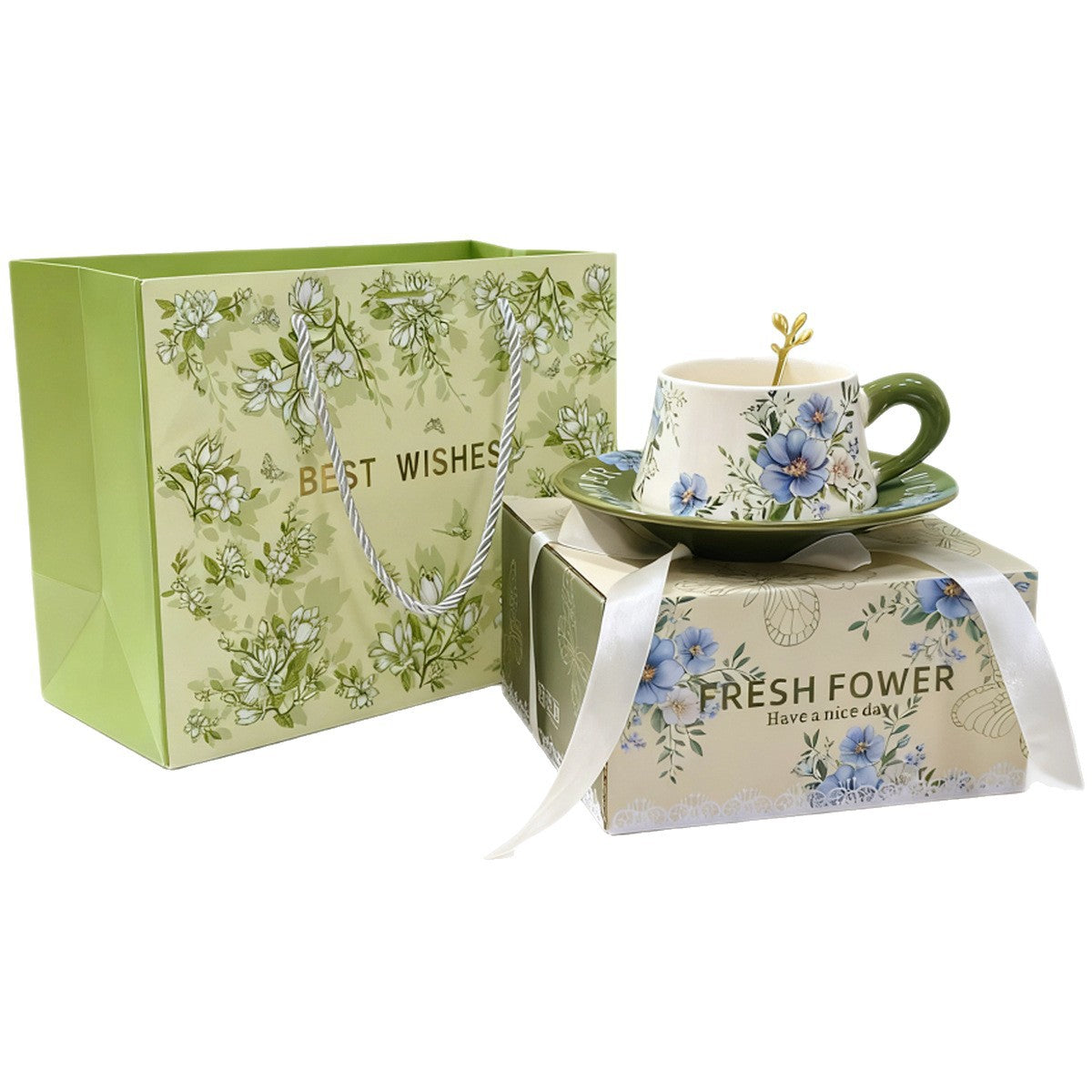 Floral ceramic coffee cup saucer and gift presentation for birthdays housewarmings and afternoon tea