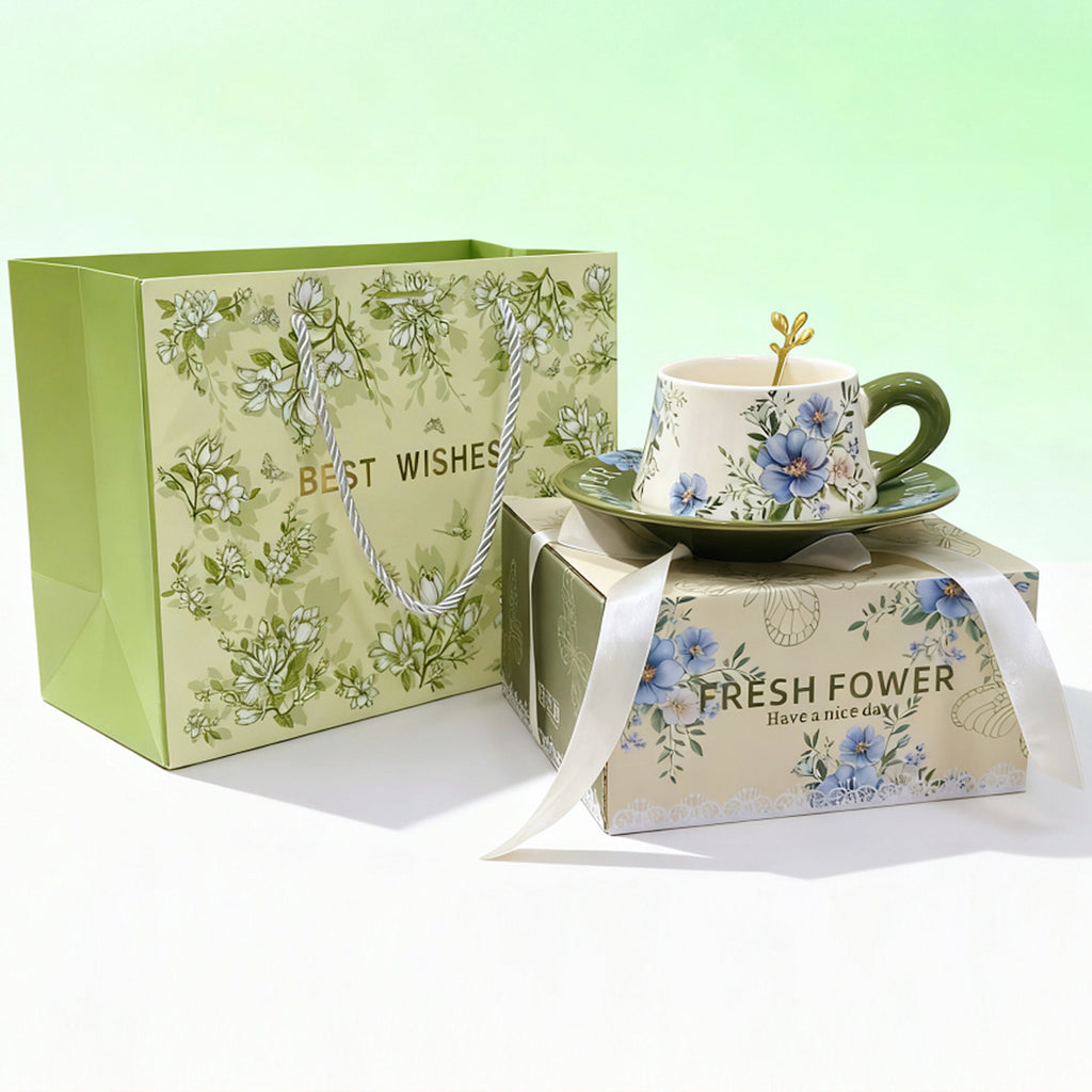 Elegant floral ceramic cup and saucer set styled for coffee tea and gift presentation