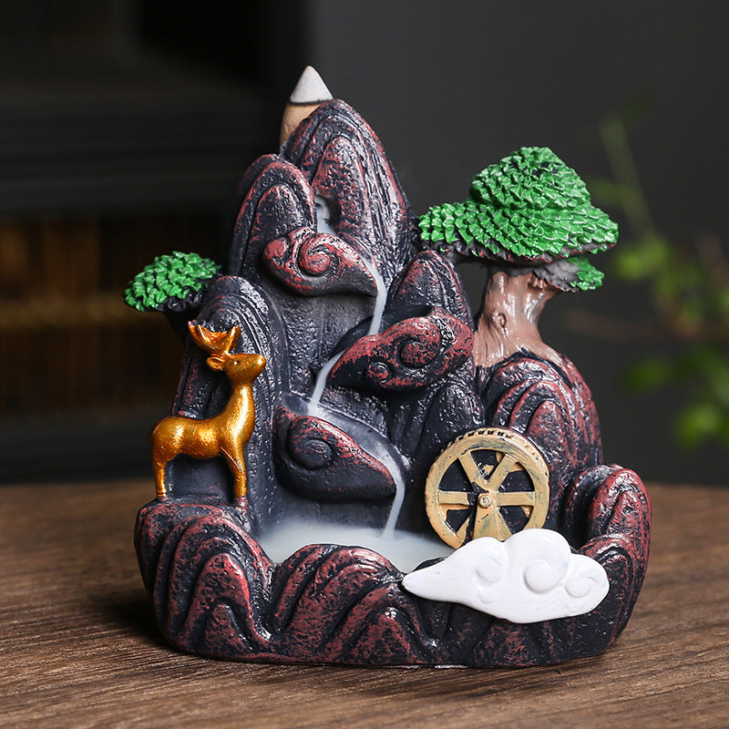 Mountain forest deer backflow incense burner with tree and waterwheel