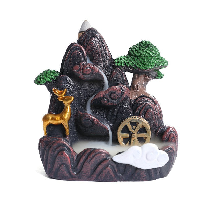 Forest deer and waterwheel mountain backflow incense burner