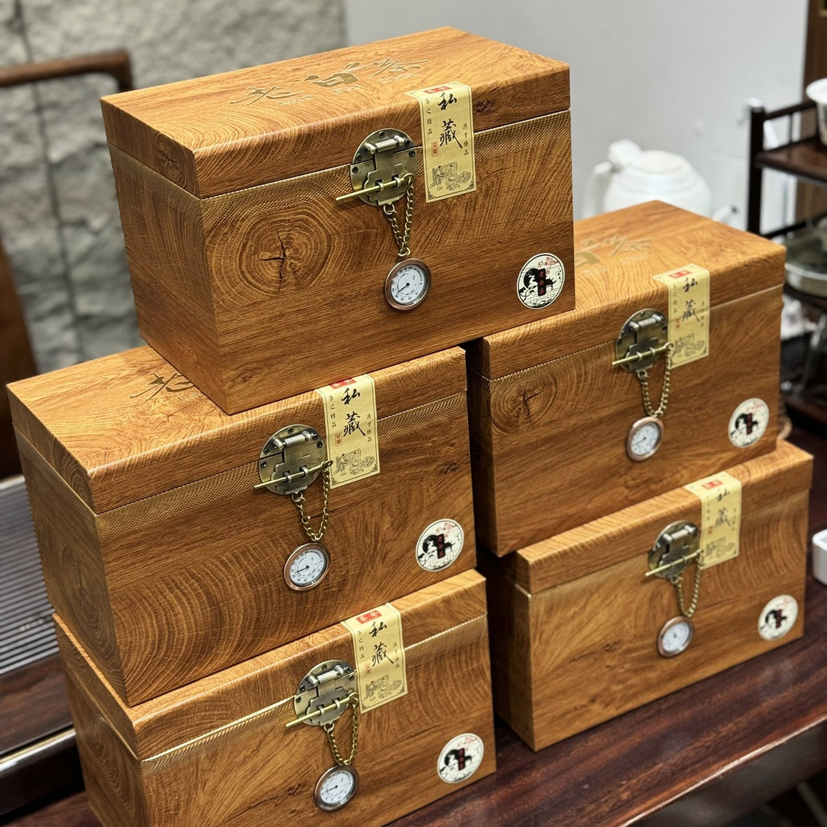 Stacked wooden gift boxes for aged Fuding white tea