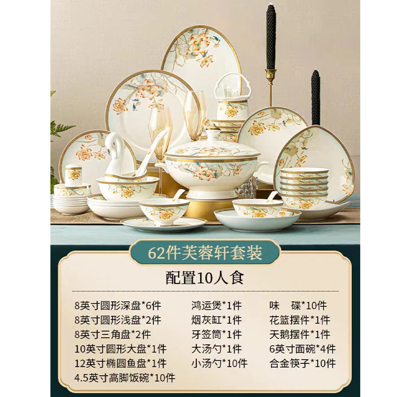 Furong Xuan 62-piece bone china dinnerware set contents for 10-person dining