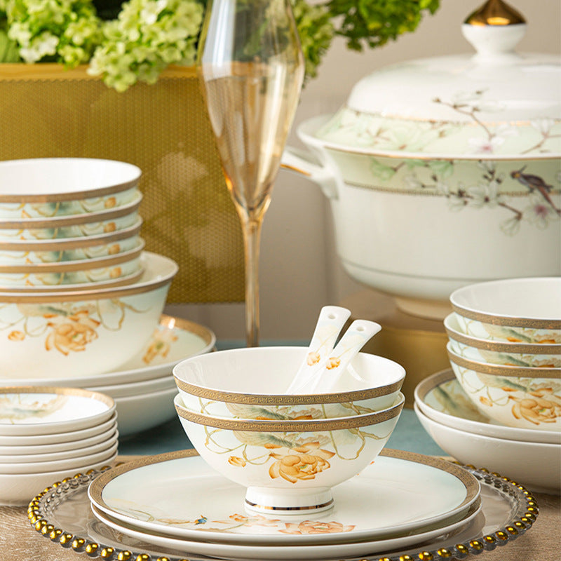 Furong Xuan floral bone china place setting with gold rim bowls plates and serving dish