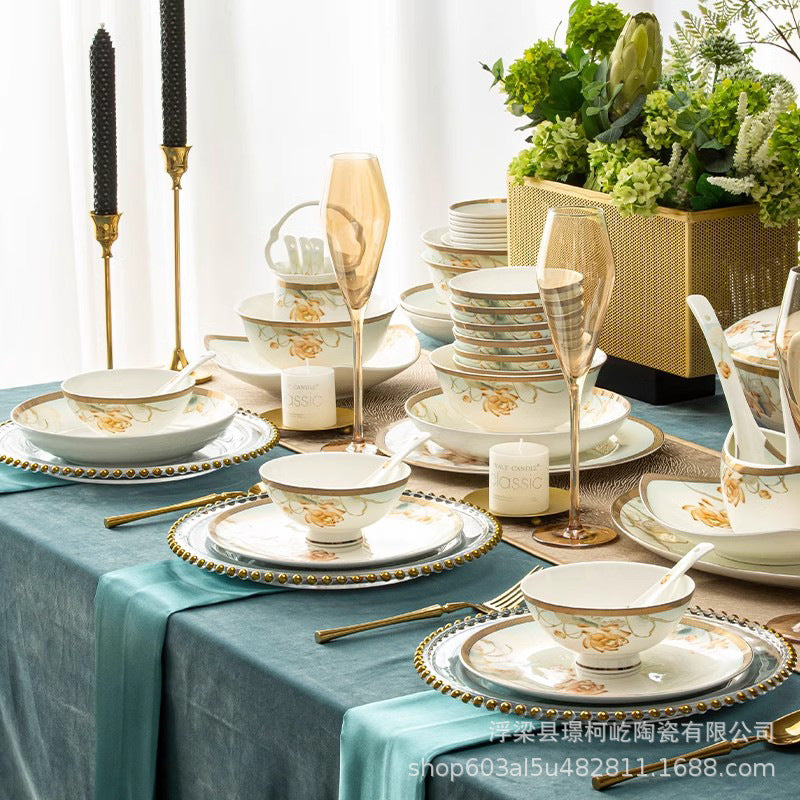 Luxury dining table styled with Furong Xuan floral bone china dinnerware and gold accents