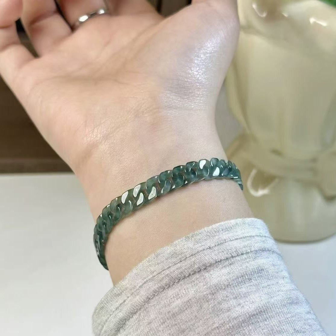Certified jadeite blue-green Cuban bracelet with polished link construction
