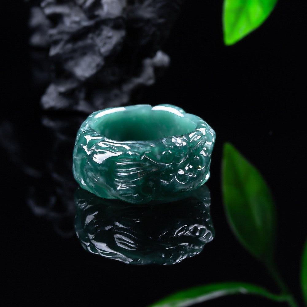 Natural Grade A jadeite dragon king ring with icy blue water translucency