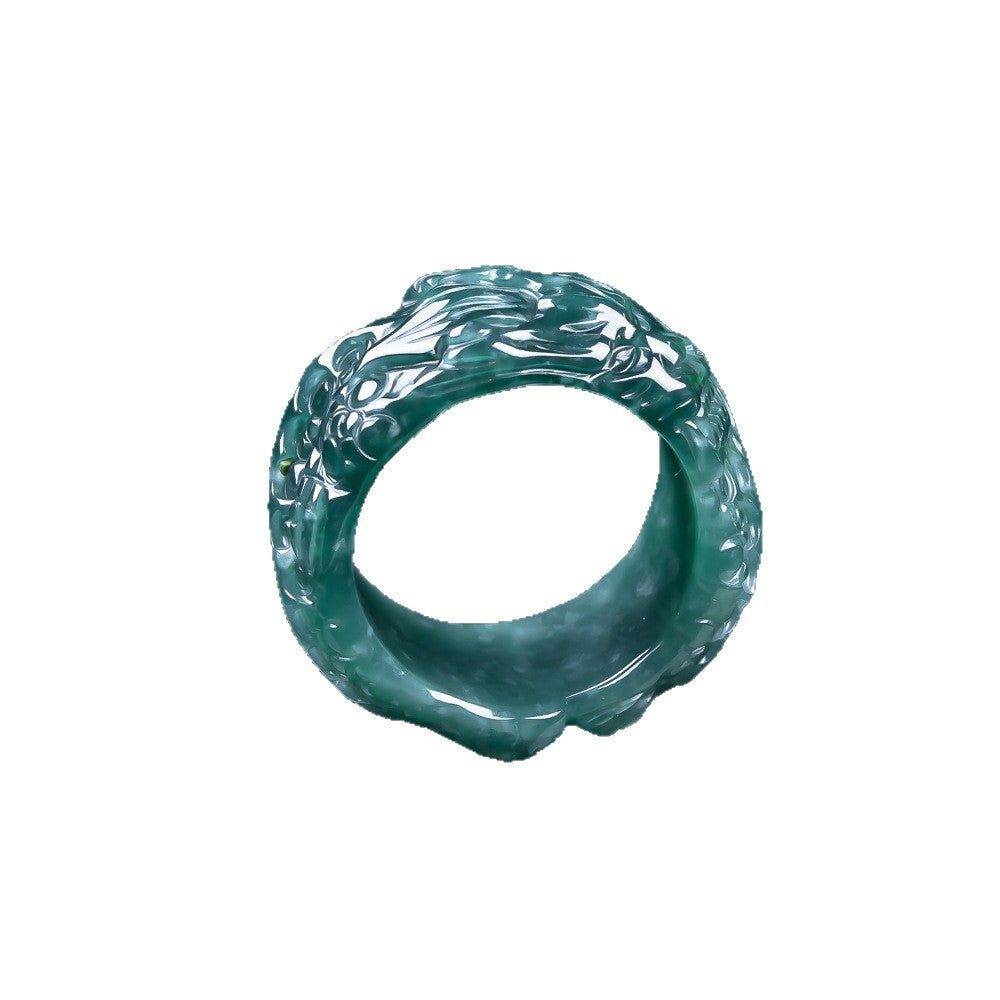 Hand carved blue water jadeite dragon ring side profile