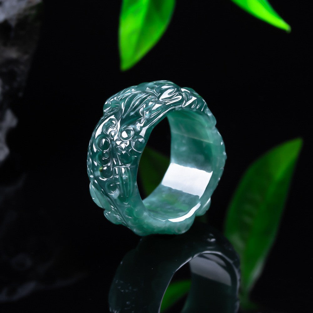 Certified natural jadeite dragon thumb ring polished relief carving