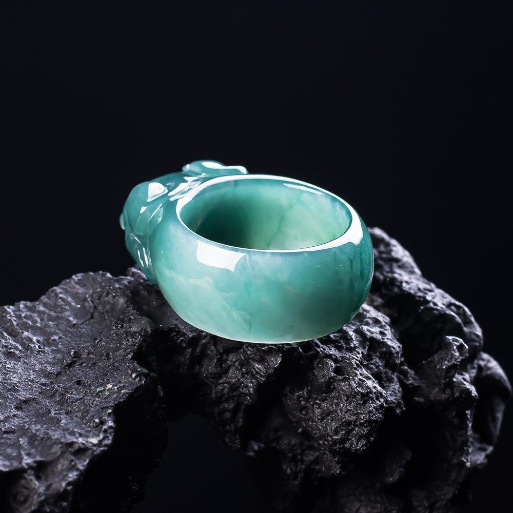 Certified Grade A blue water jadeite Pixiu ring carved from solid natural stone