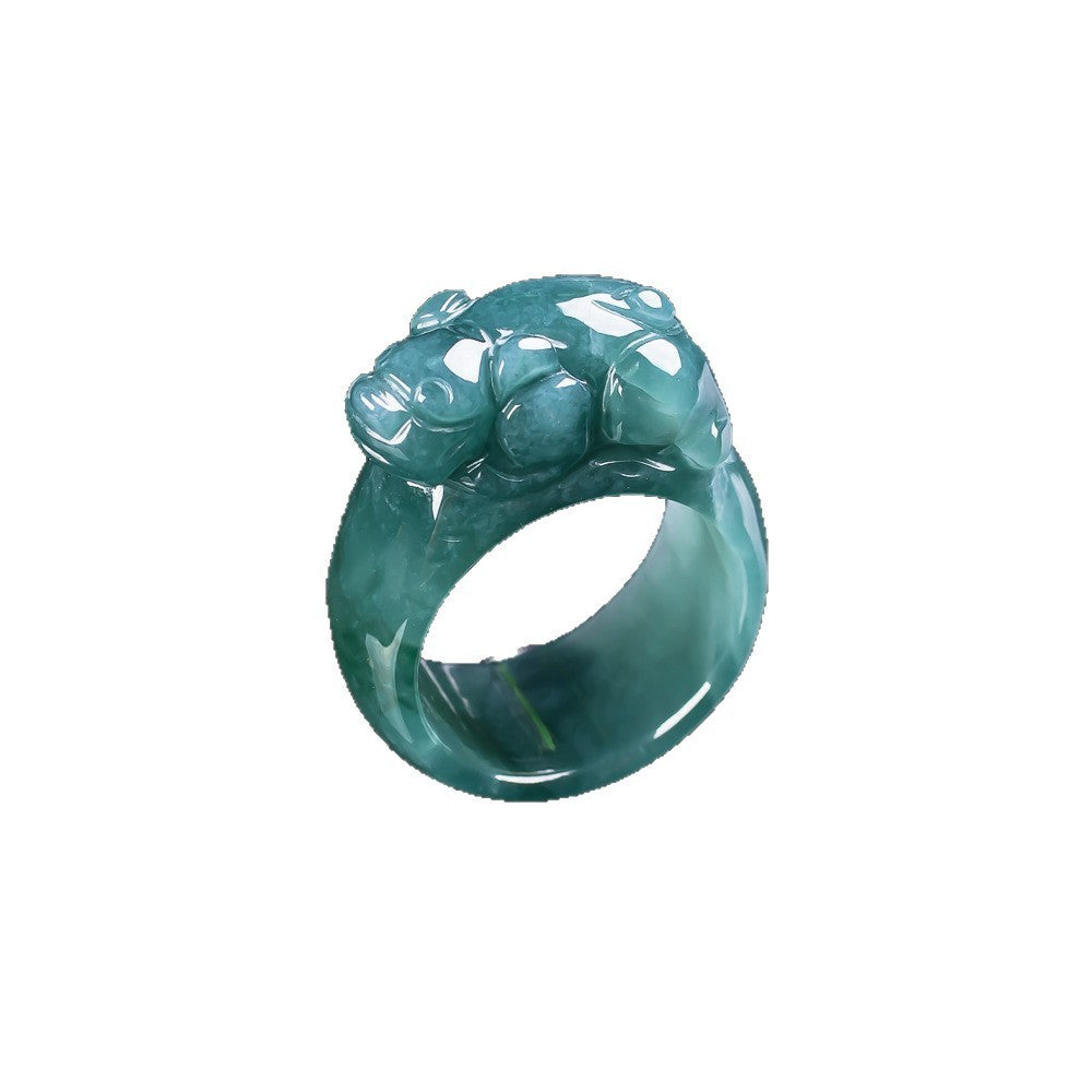 Natural blue-green jadeite Pixiu thick ring sculptural carving close-up