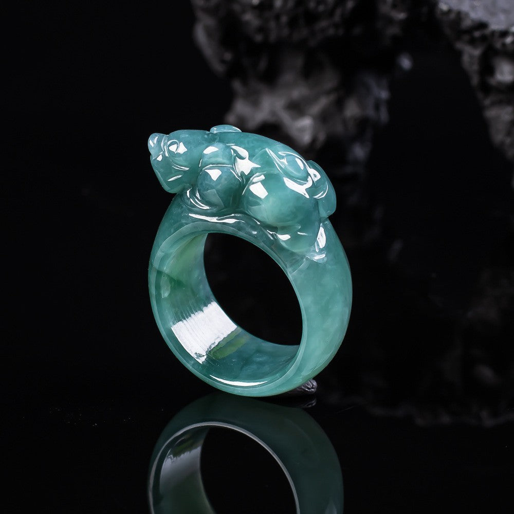 Icy blue water jadeite Pixiu guardian ring polished side view