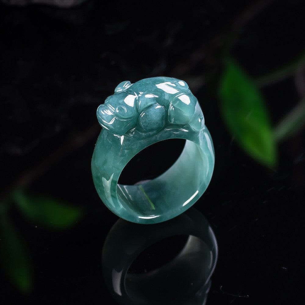 Certified jadeite Pixiu carved ring thick unisex band