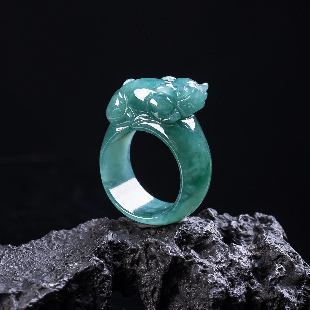 Natural Grade A jadeite Pixiu ring prosperity amulet jewelry