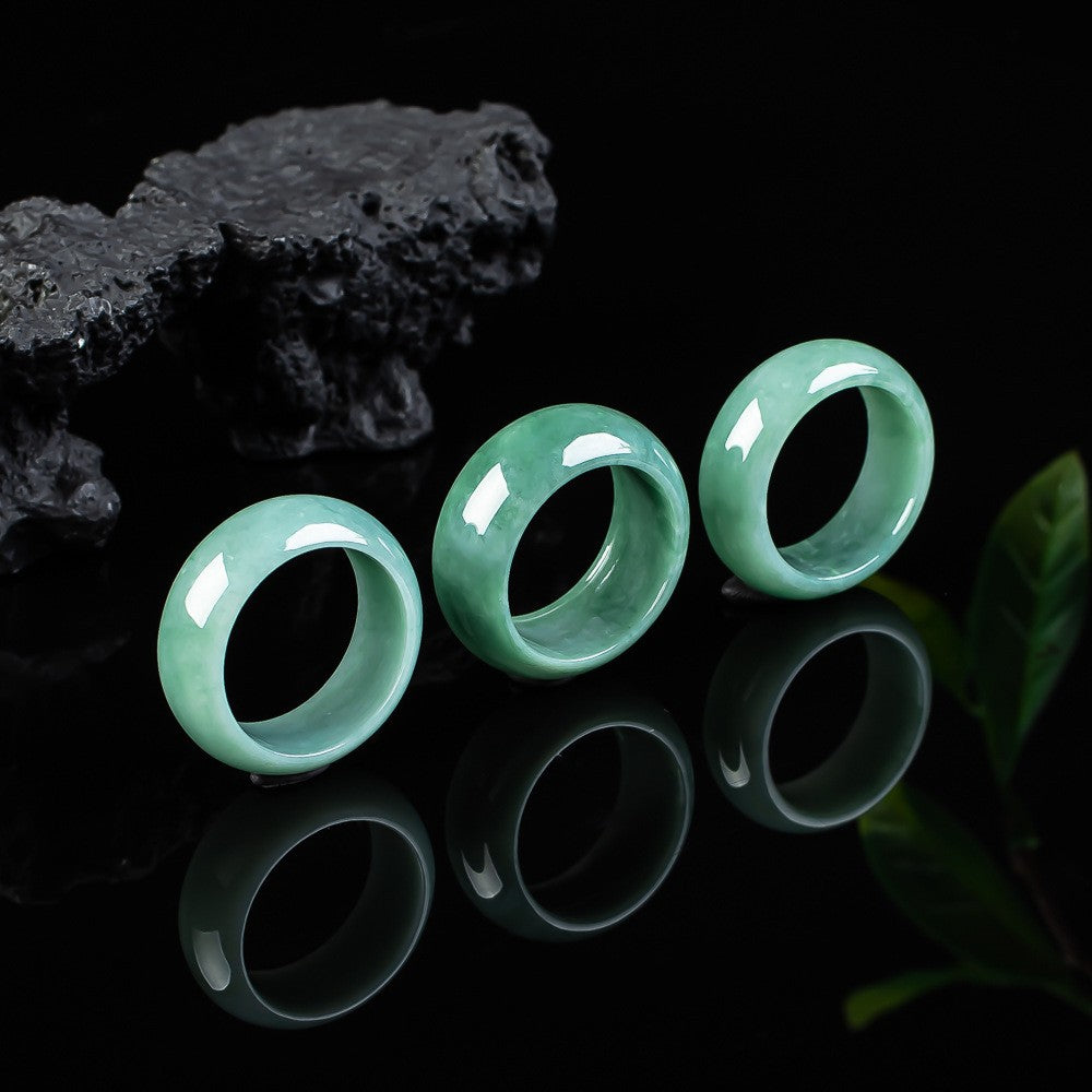 Certified Grade A blue water jadeite wide band ring in icy blue-green tone