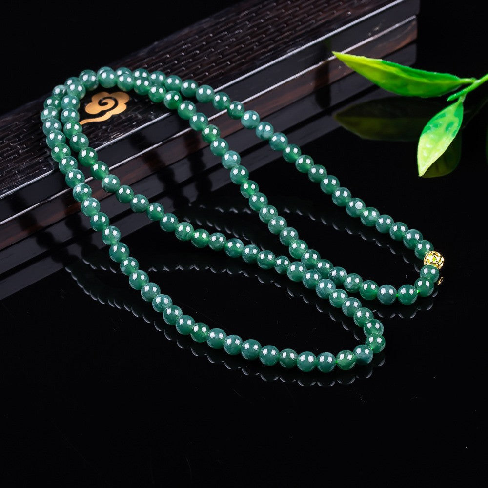 Green jadeite 108 bead mala strand 6mm bead detail
