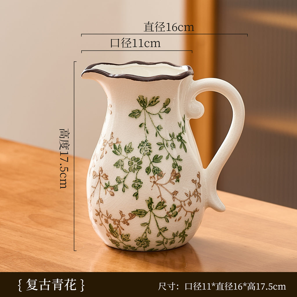 Green branch ceramic pitcher vase, tall form, 16 cm wide and 17.5 cm high