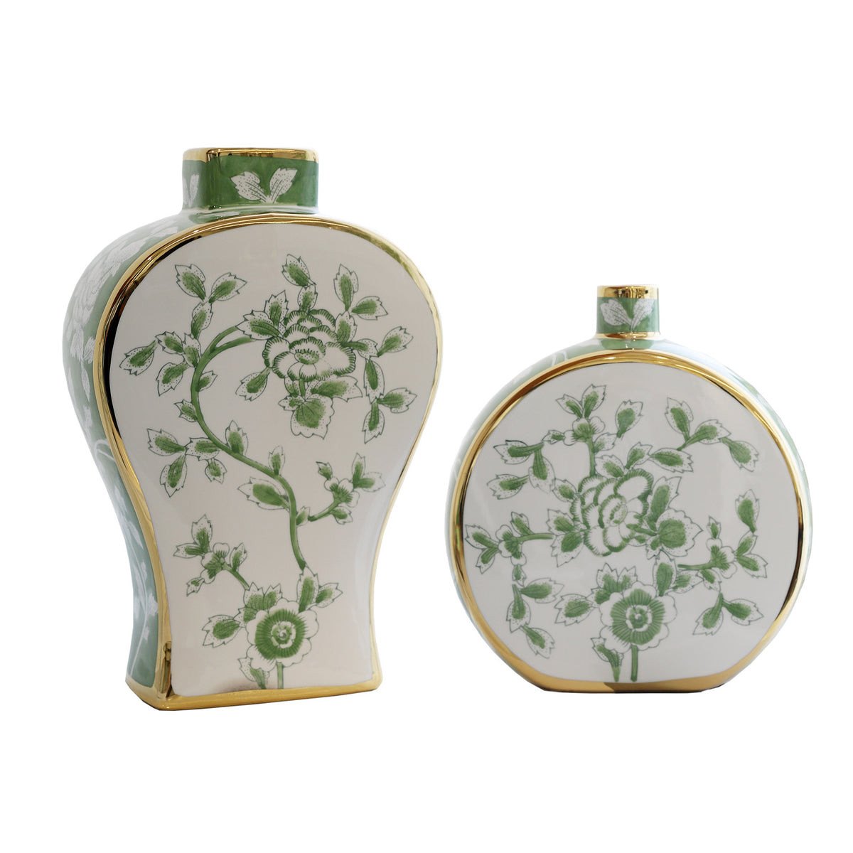 Green peony moon flask decorative ceramic vase pair on white background