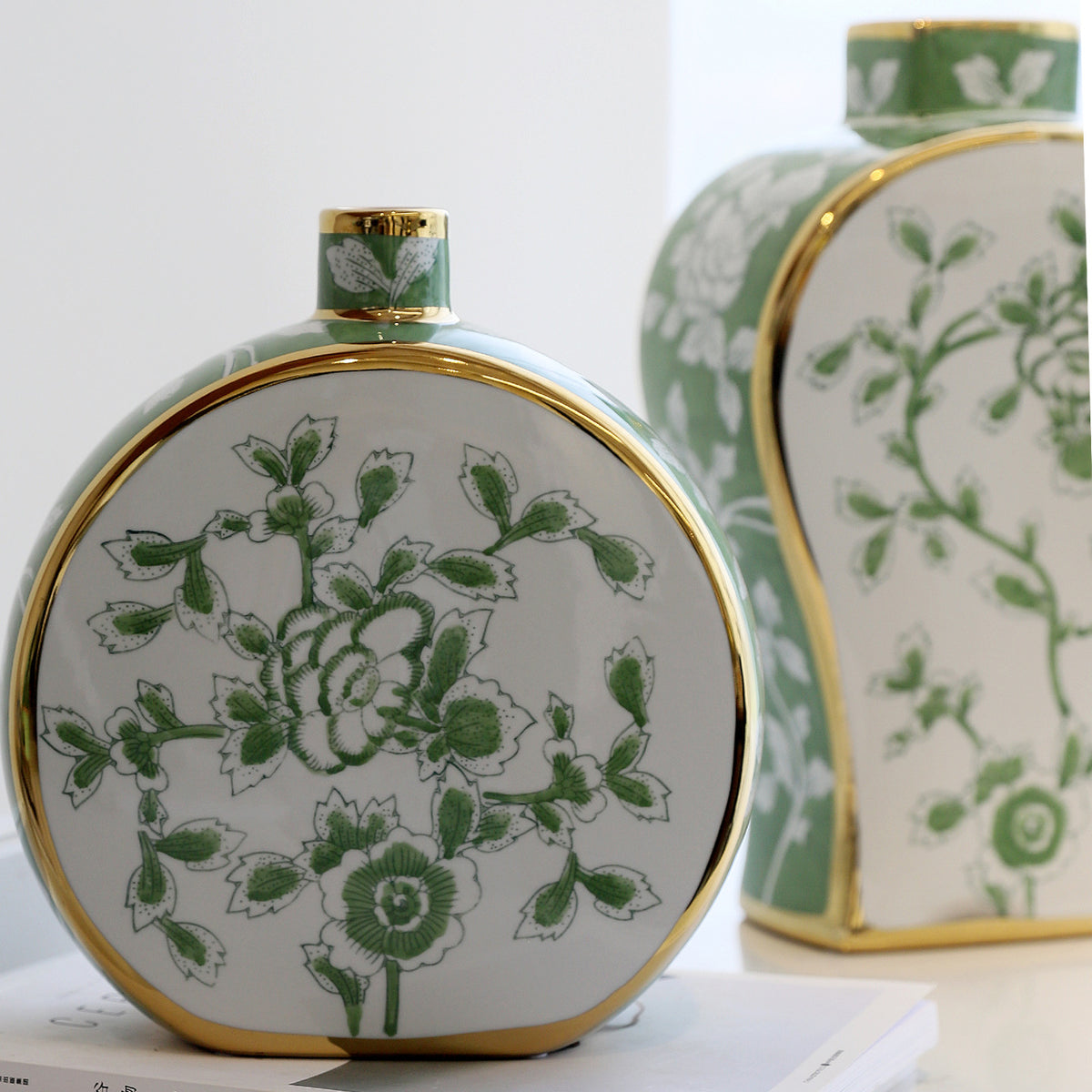 Green peony round moon flask vase front view with gold trim