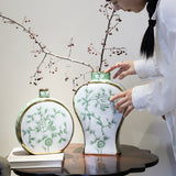 Green Peony Moon Flask Ceramic Vase – Small Round & Tall Sculptural Forms with Gold Trim