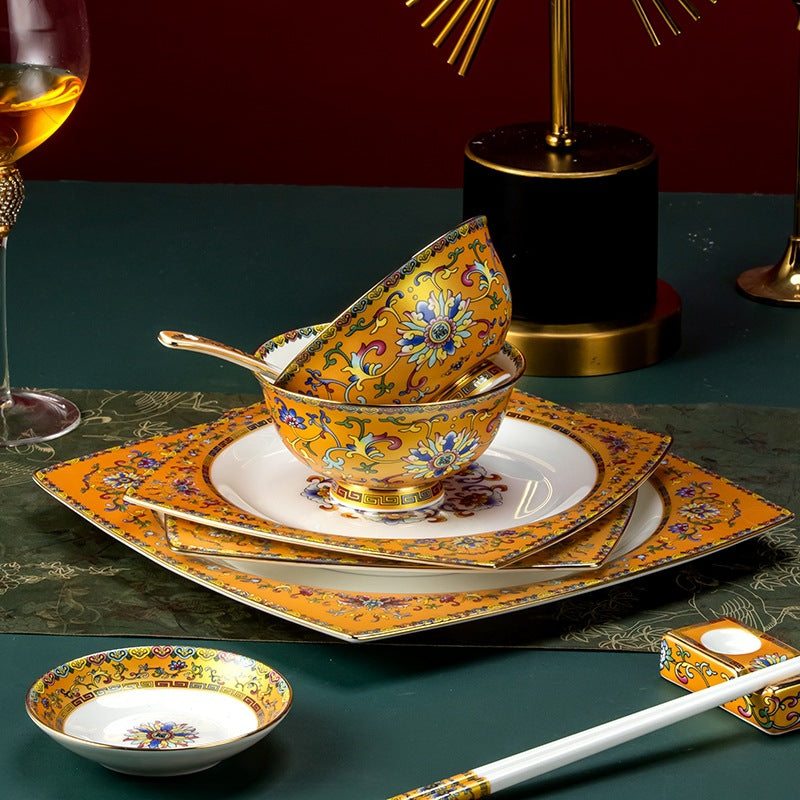 Guose Tianxiang square bone china layered place setting with bowl plate and chopsticks
