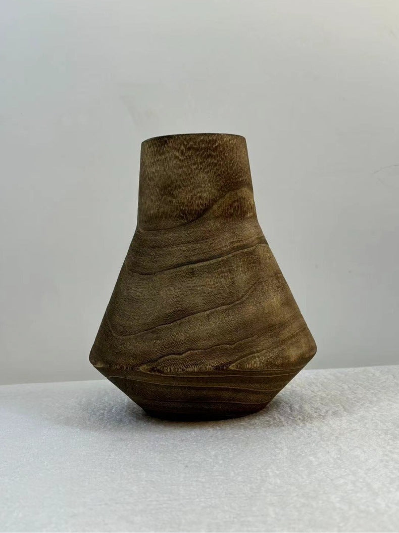 Natural hand-carved solid wood vase with flared geometric silhouette