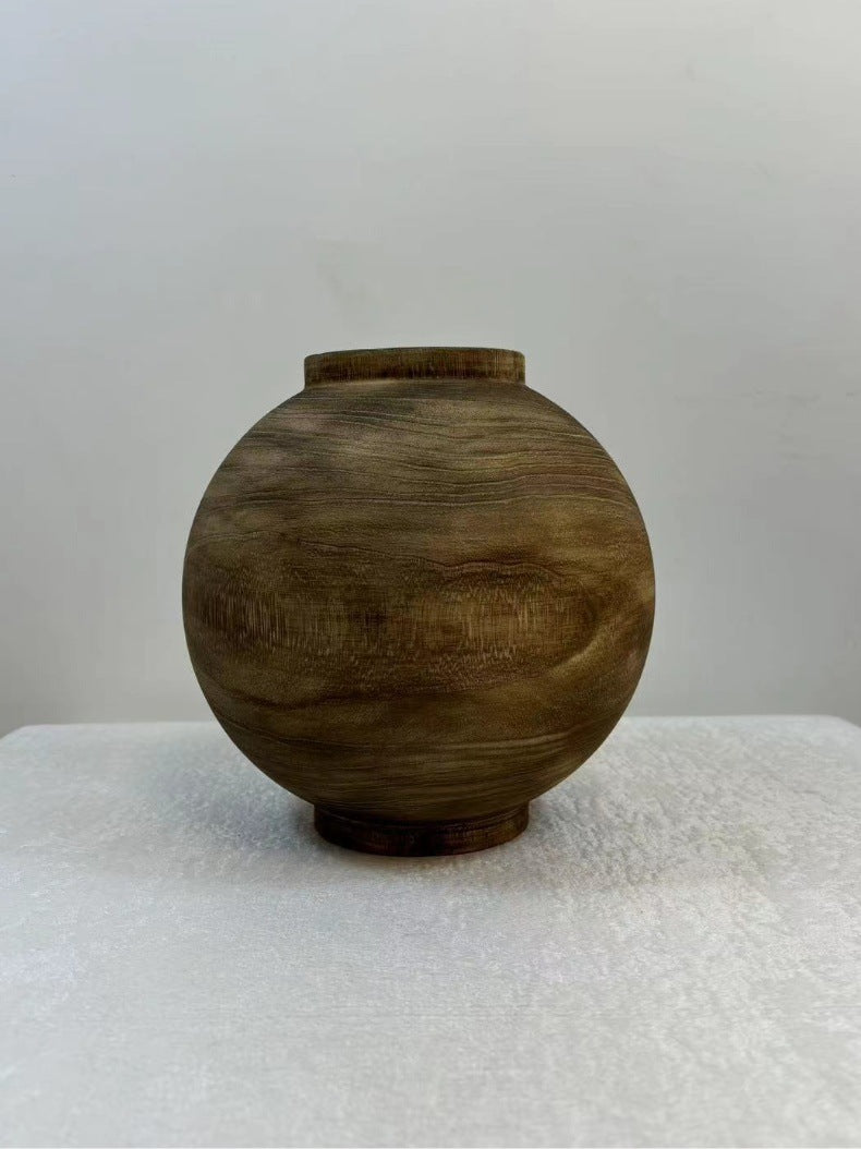 Natural solid wood round moon jar style decorative vase