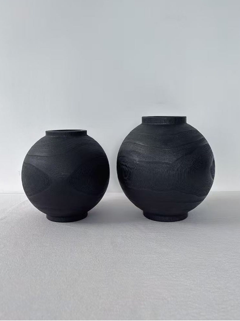 Black solid wood round decorative vase pair