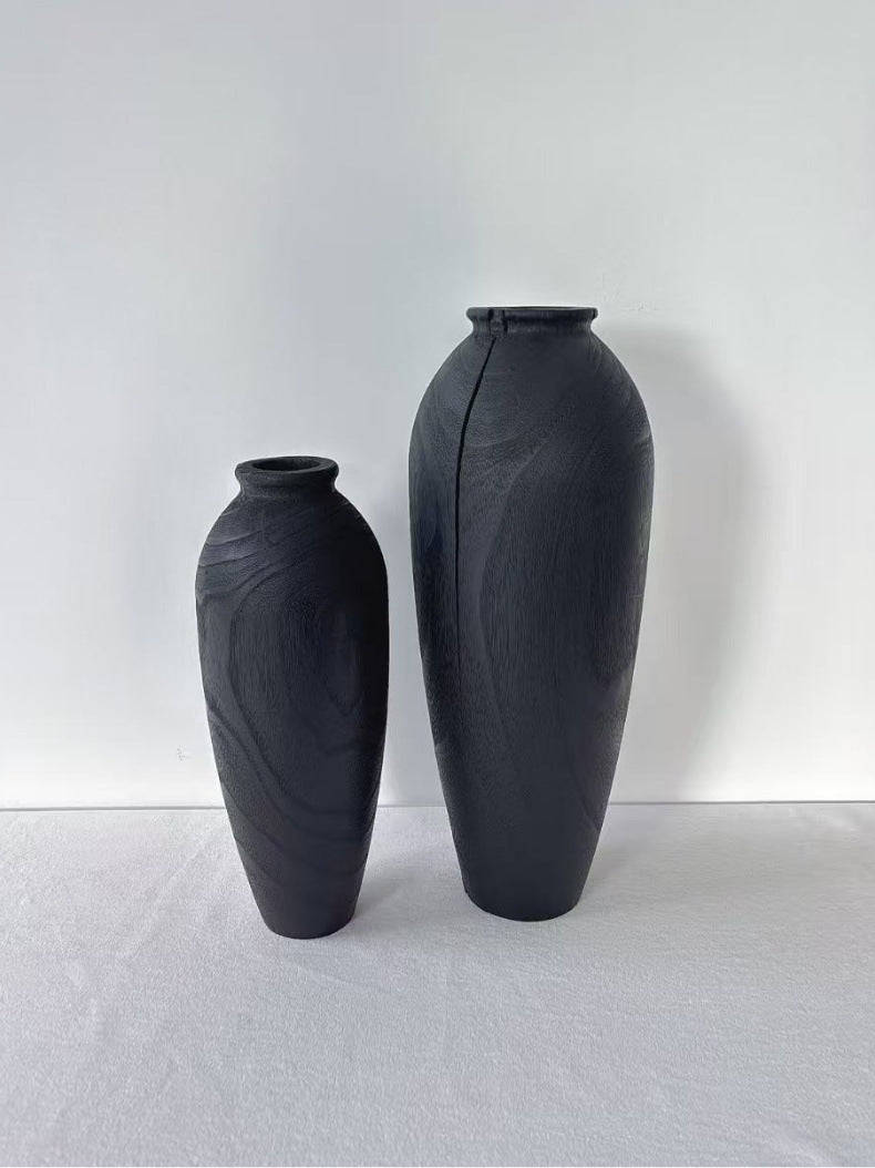 Black hand-carved solid wood tall vase pair in two heights