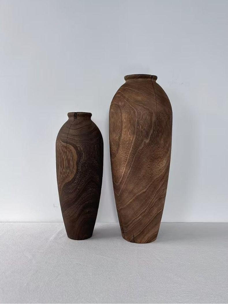 Carbonized brown solid wood tall decorative vase pair