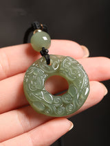 Certified Natural Hetian Jade Double Pixiu Peace Buckle Pendant – Lake Green 31 mm