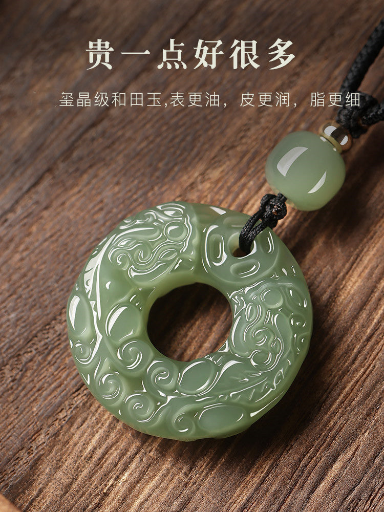 Certified Hetian jade peace buckle pendant with intricate double Pixiu carving
